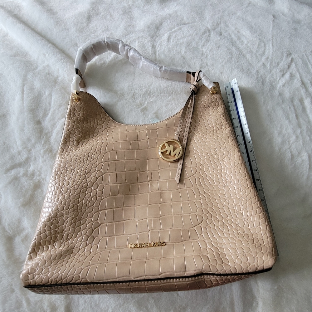Michael Kors Cream Croc-Embossed Shoulder Bag with Gold Hardware